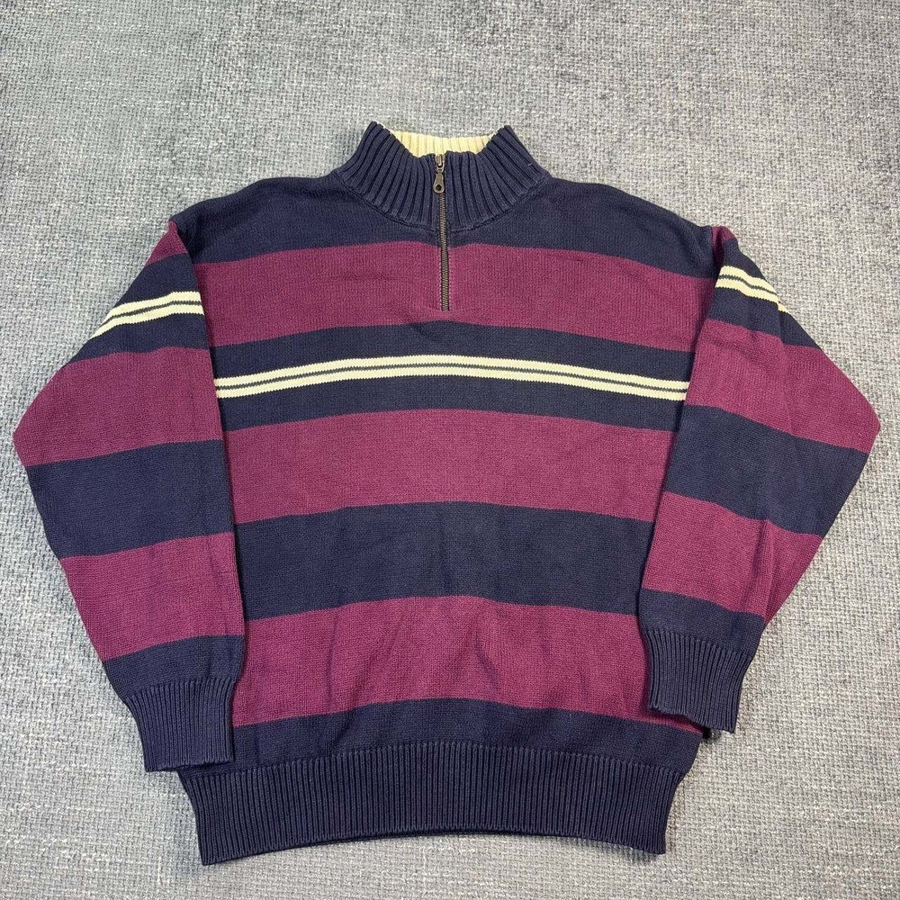 Gant Striped Quarter Zip Sweater Mens Medium Navy Burgundy Cotton Hand Framed
